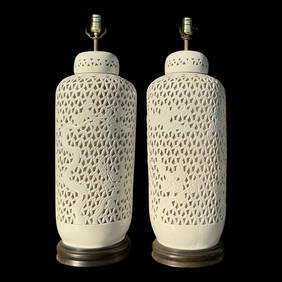 Pair of Vintage Mid-Century Blanc De Chine Pierced Ceramic Lamps (1 of 7)