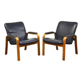 Mid-Century Modern Blue Leather Lounge Chairs by Ekornes Pair (1 of 8)