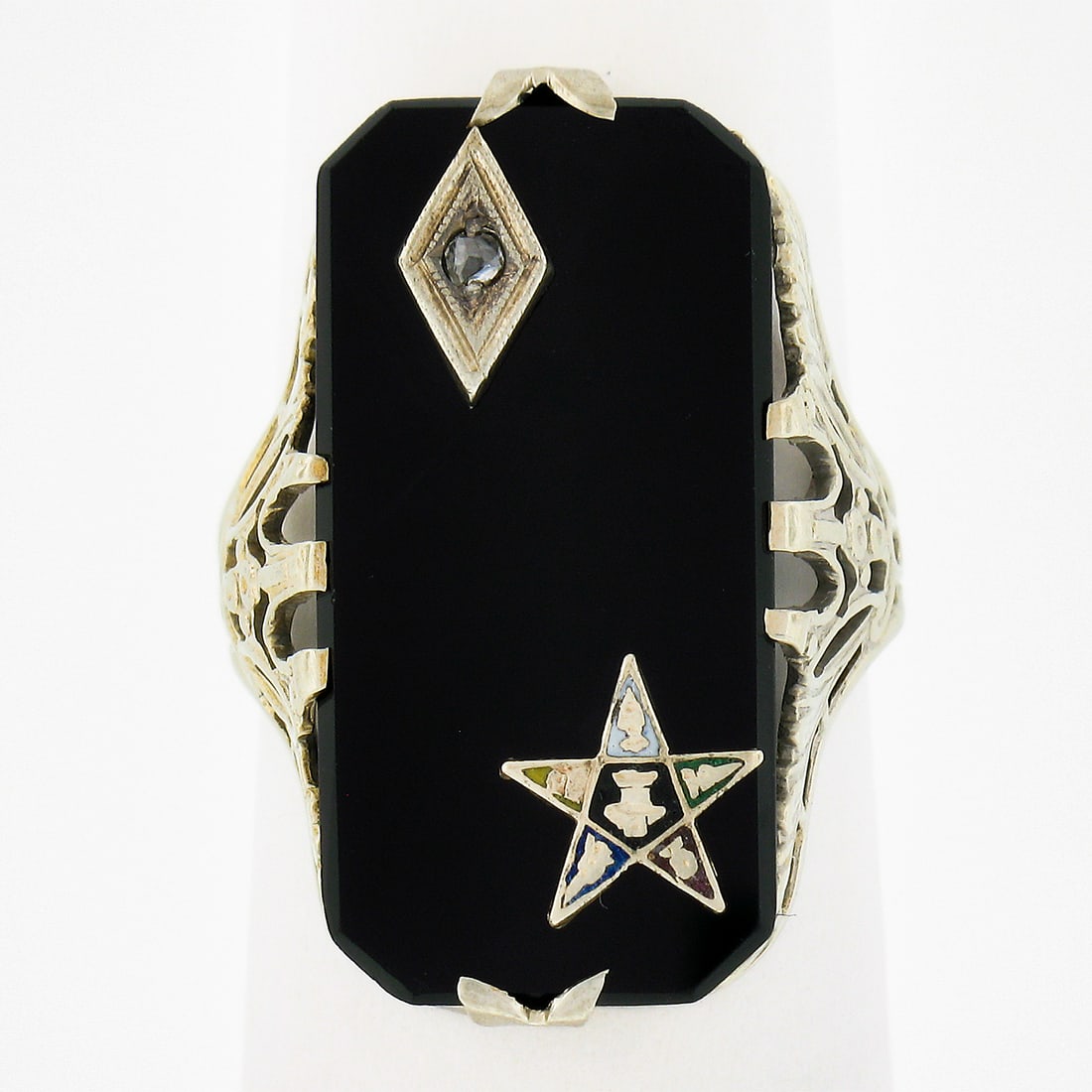 Antique Art Deco 14k White & Rose Gold Black Onyx Etched