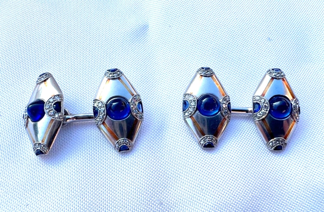 French Art Deco Platinum Diamond Sapphire Cufflinks with Box: French Art Deco Platinum Diamond Sapphire Cufflinks with Box This exquisite pair of French Art Deco cufflinks, dating back to the 1930s, is crafted from platinum and features stunning sapphires and di