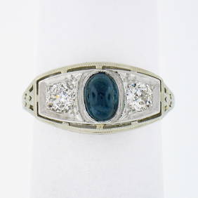 Antique Art Deco 18K White Gold Platinum Sapphire Diamond Filigree Ring 4 (1 of 9)