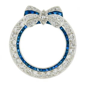 Antique Art Deco Platinum 9.18ctw Diamond Sapphire Ribbon Brooch (1 of 6)