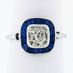 Art Deco Platinum Halo Ring with 1.15ct Cushion Diamond and Sapphire (1 of 9)