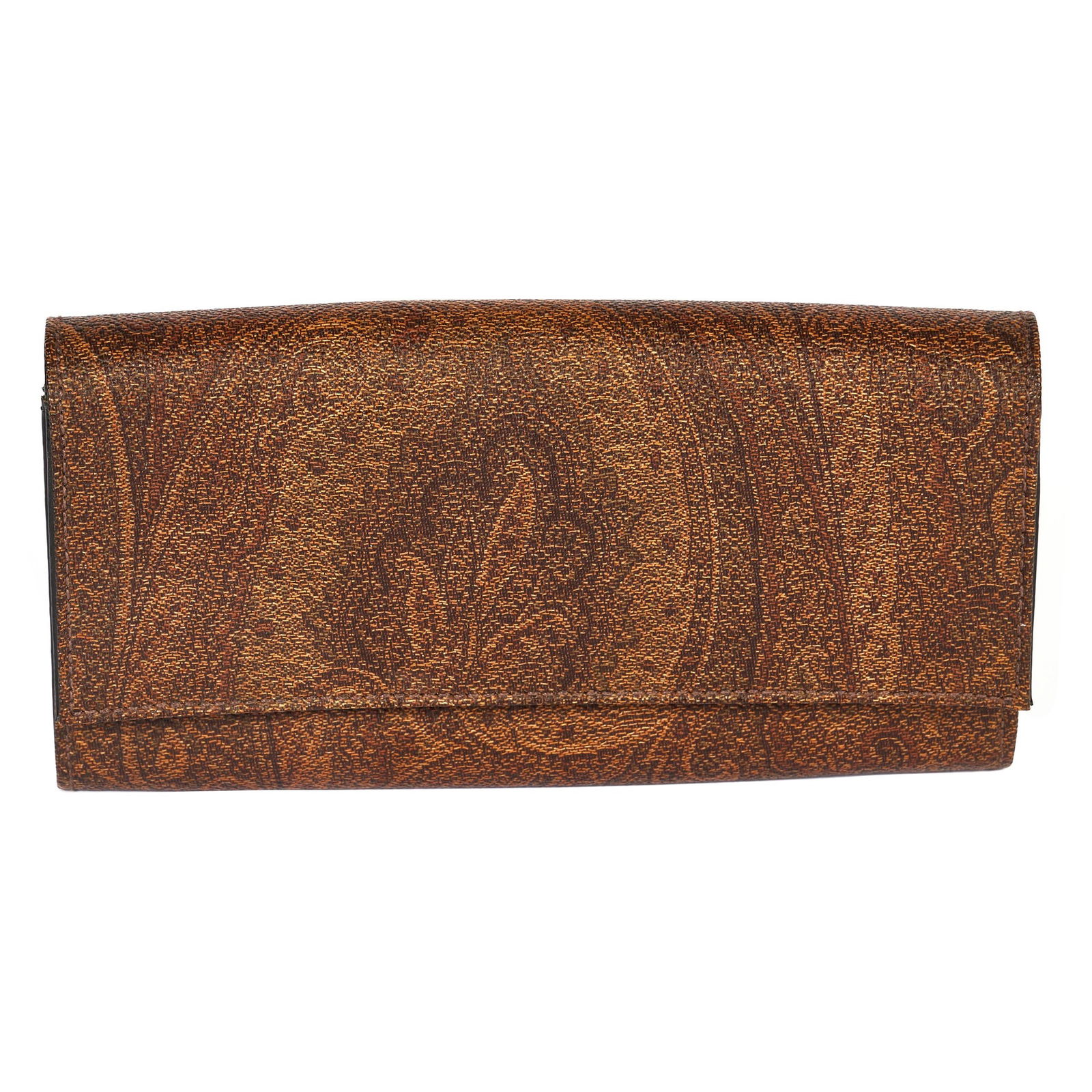 Etro Paisley Coated Canvas Long Wallet 3.75x1.25x7.5: Etro Paisley Coated Canvas Long Wallet 3.75x1.25x7.5 This Etro Paisley Long Wallet features a signature paisley coated canvas exterior complemented by a sleek black leather interior. It includes a cen