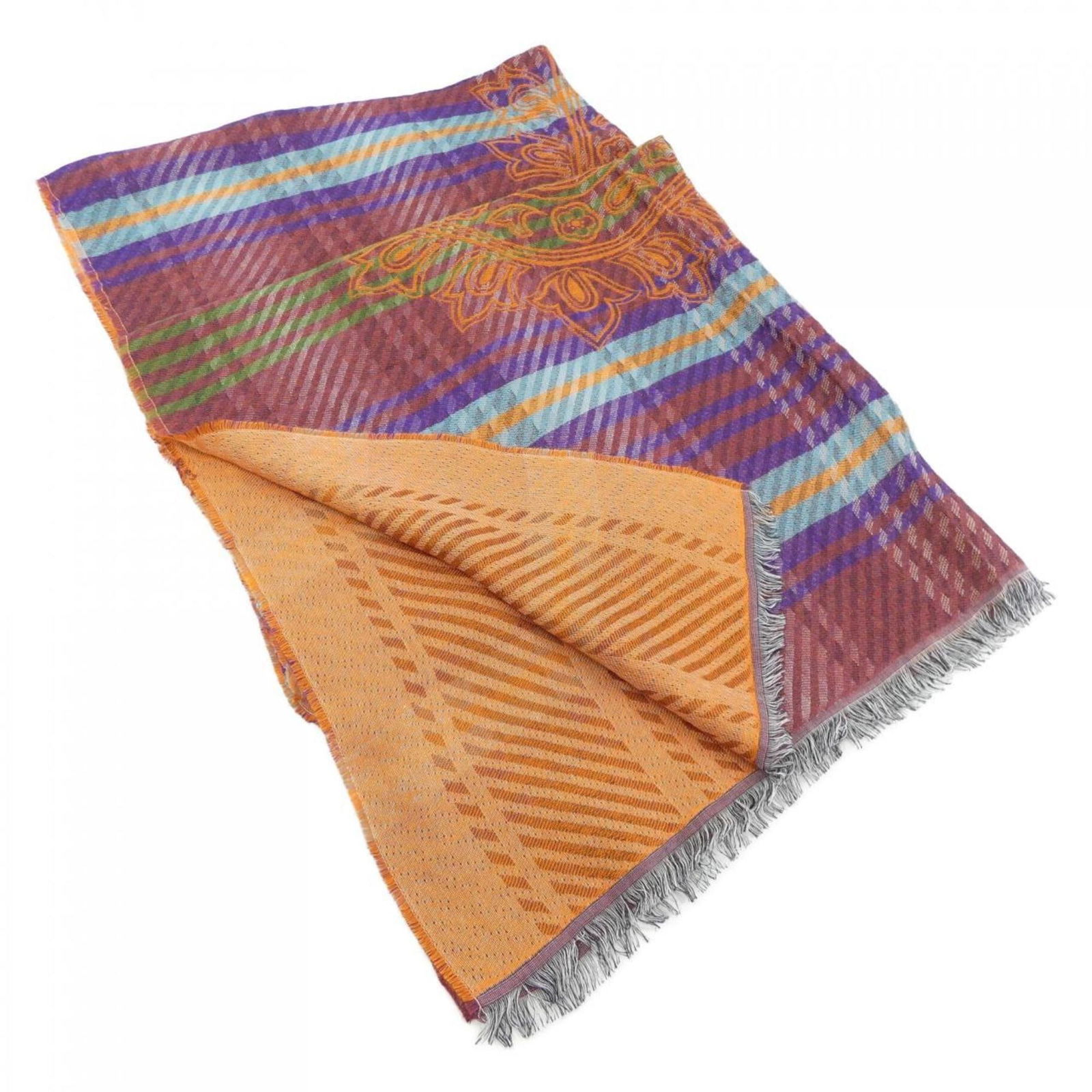 Vibrant ETRO Stole Scarf for Women in Blue and Orange: Vibrant ETRO Stole Scarf for Women in Blue and Orange Enhance your wardrobe with this elegant ETRO scarf, expertly designed as a stole for women. Featuring a vibrant color palette of blue, orange, pur