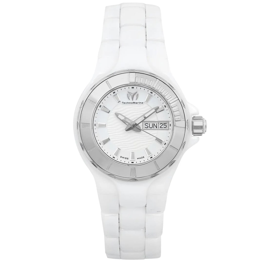 TechnoMarine Cruise 36mm White Ceramic Ladies Watch with Day Date: TechnoMarine Cruise 36mm White Ceramic Ladies Watch with Day Date Discover the elegance and functionality of the Technomarine Cruise Ladies Watch. This stylish 36mm wristwatch showcases a pristine whi