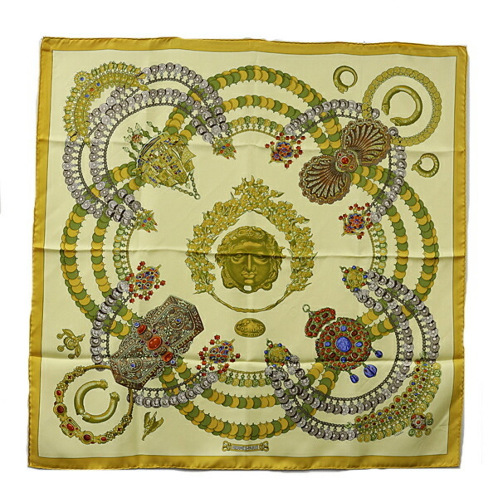 Hermes KARE90 KOSMIMA Silk Scarf 90cm Yellow Multicolor: Hermes KARE90 KOSMIMA Silk Scarf 90cm Yellow Multicolor Elevate your style with this exquisite HERMES KARE90 Scarf Muffler from the KOSMIMA collection. Crafted from 100% silk, this luxurious scarf fea