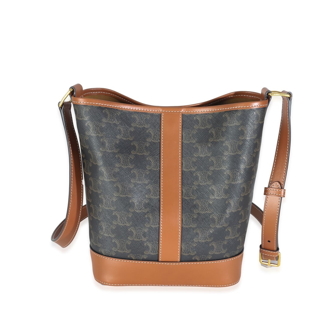 Celine 2023 Brown Canvas Small Bucket Bag with Gold-Tone Closure: Celine 2023 Brown Canvas Small Bucket Bag with Gold-Tone Closure This Celine Small Bucket Bag is crafted from durable brown canvas and features a stylish gold-tone snap closure. The bag's dimensions a