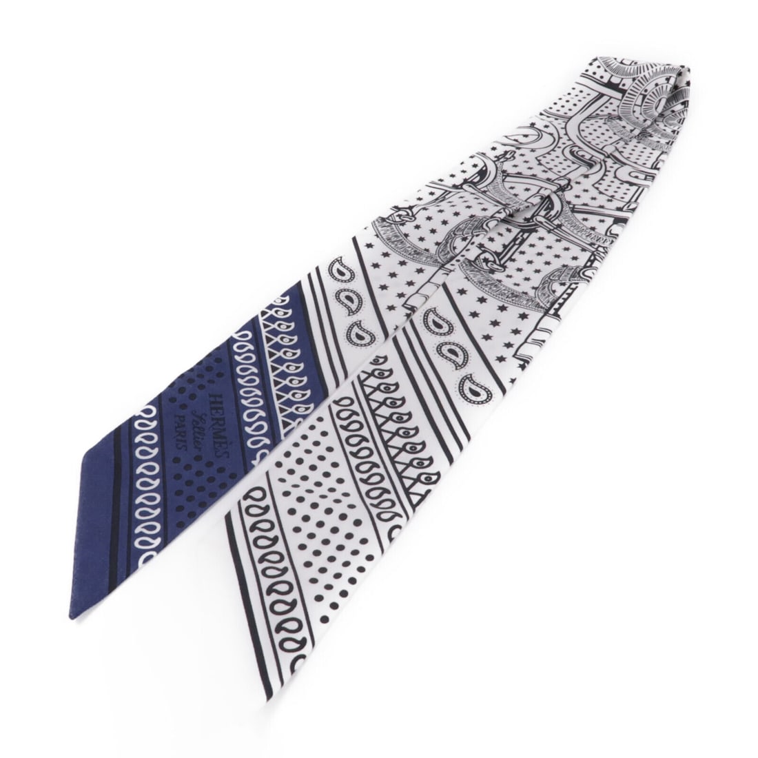 HERMES Silk Twilly Scarf White Black Navy Elegant Accessory: HERMES Silk Twilly Scarf White Black Navy Elegant Accessory Elevate your accessory collection with this exquisite HERMES Twilly Scarf, crafted from luxurious silk. This elegant scarf features a striki