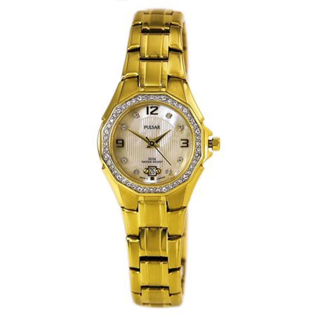 Pulsar Gold-Tone Stainless Steel Gem-Set MOP Dial Ladies Quartz Watch PXT800: Pulsar Gold-Tone Stainless Steel Gem-Set MOP Dial Ladies Quartz Watch PXT800 Elevate your style with this elegant Pulsar ladies' quartz watch, model PXT800. Featuring a stunning silver Mother of Pearl