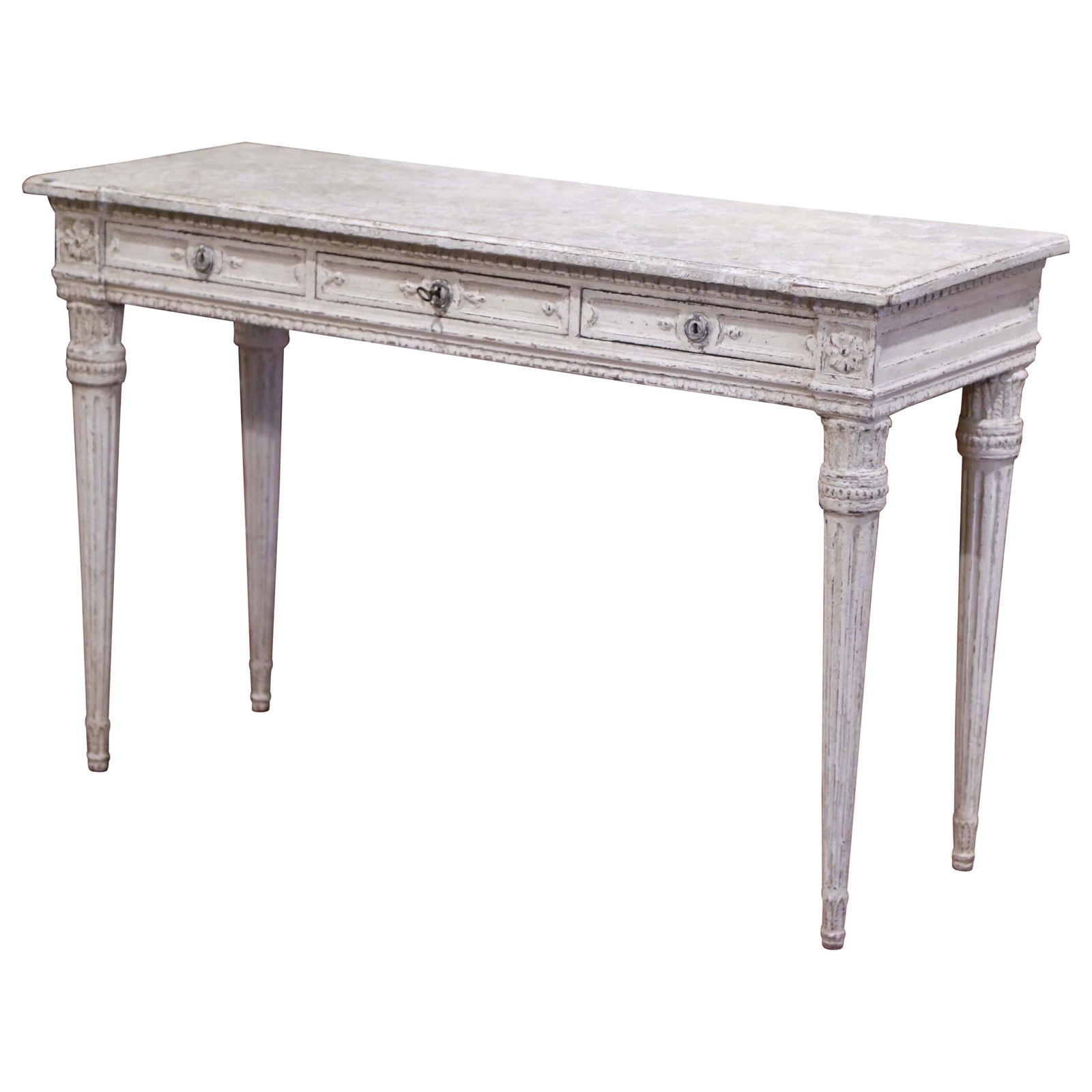 19th Century Louis XVI Hand-Carved Console Table with Faux Marble Top: 19th Century Louis XVI Hand-Carved Console Table with Faux Marble Top This exquisite 19th Century French Louis XVI console table, crafted circa 1870, showcases the elegance of the era with its hand-ca