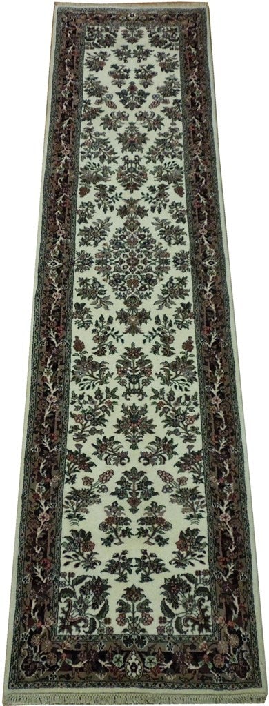Elegant 2'6 x 10'6 Ivory Sarouk Runner Rug Handmade Geometric Design: Elegant 2'6 x 10'6 Ivory Sarouk Runner Rug Handmade Geometric Design Elevate your space with this exquisite 2.6 x 10.6 Ivory Sarouk Runner Rug, showcasing a stunning blend of bold geometric designs an