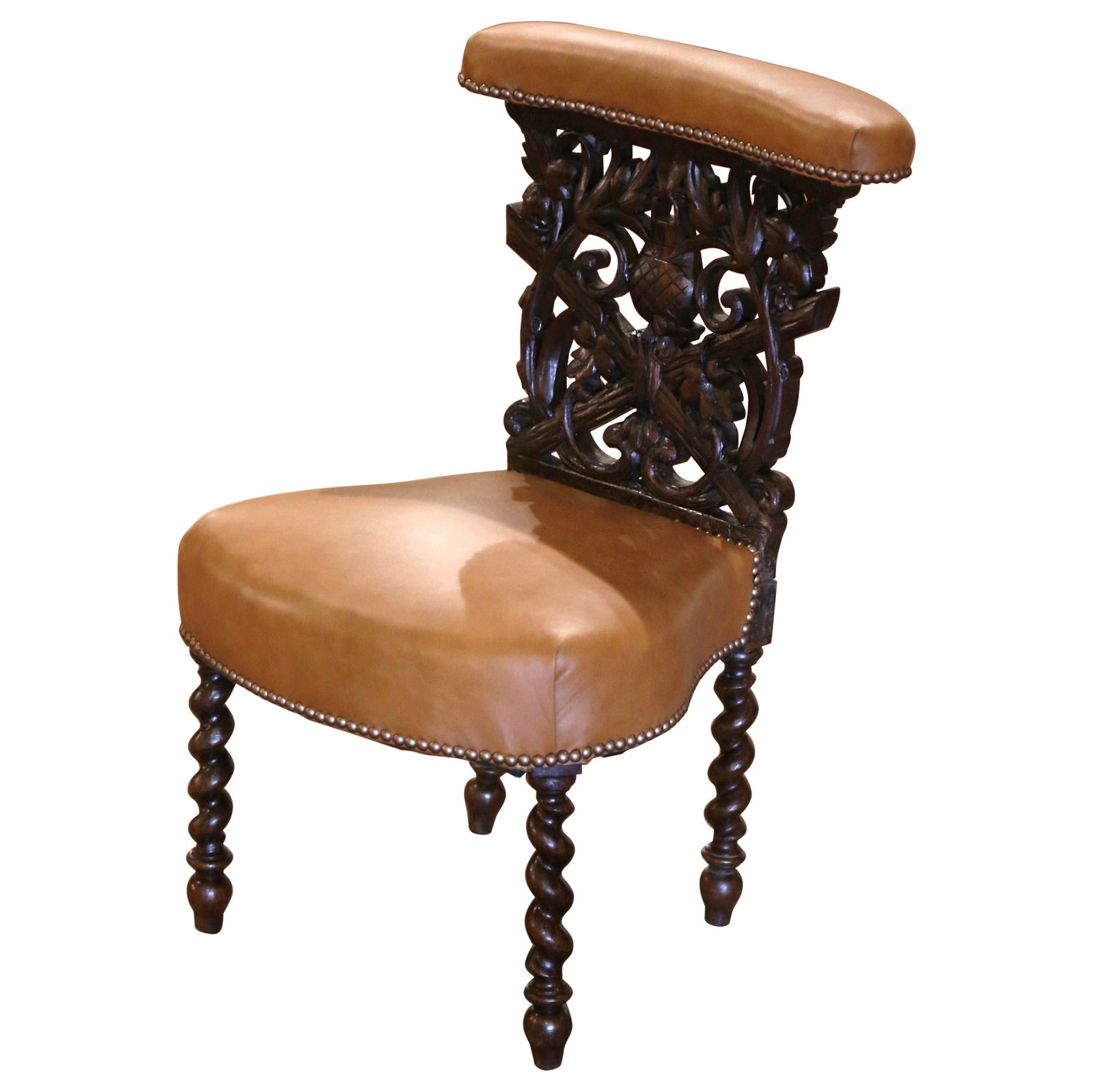 Antique French Napoleon III Leather Smoking Chair 1880: Antique French Napoleon III Leather Smoking Chair 1880 This exquisite 19th Century French Napoleon III Carved Oak and Leather Smoking Chair, known as a "Chaise de Fumeur," was meticulously crafted in