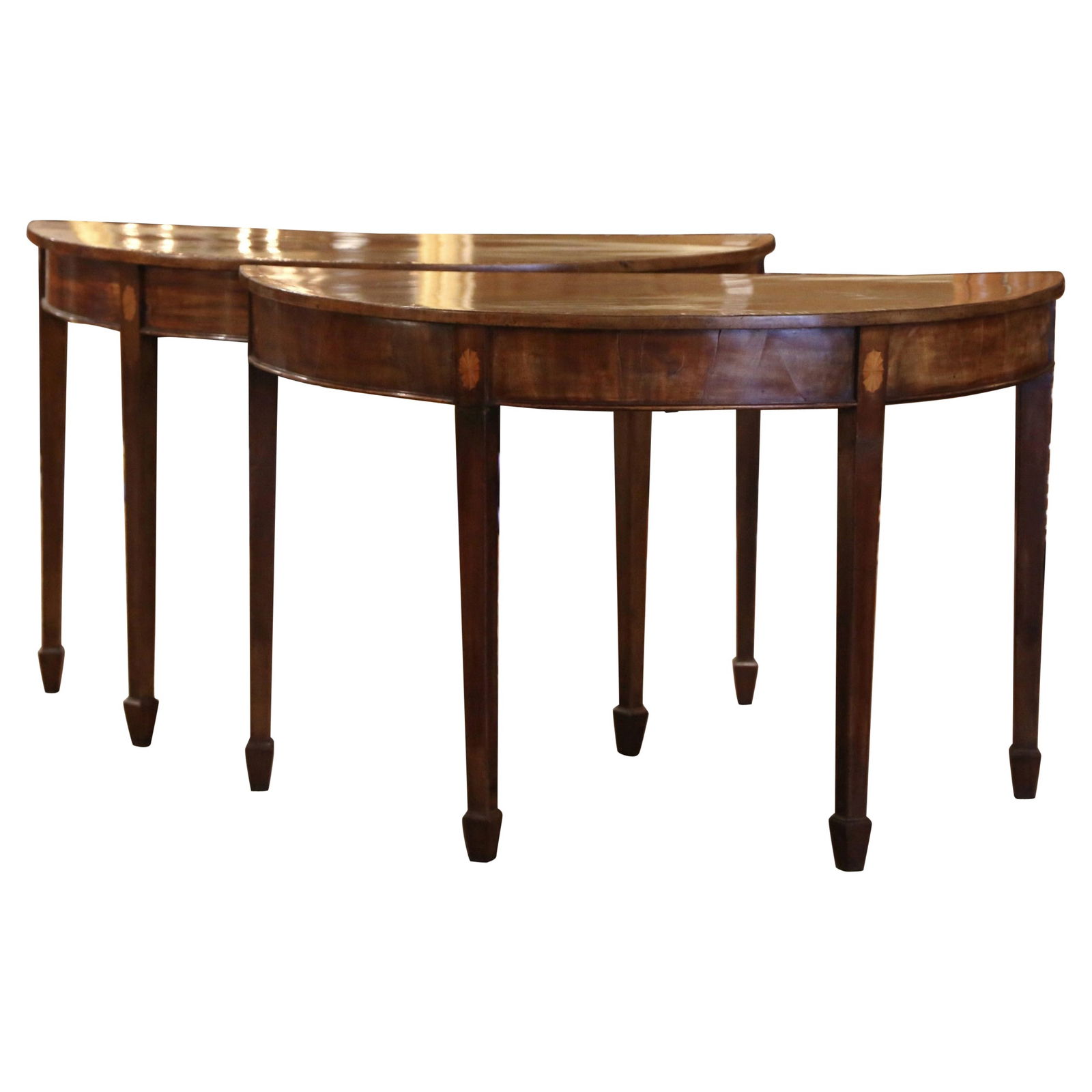 Elegant Pair of 19th Century Sheraton Mahogany Demilune Console Tables: Elegant Pair of 19th Century Sheraton Mahogany Demilune Console Tables This exquisite pair of 19th Century English Carved Mahogany Marquetry Demilune Console Tables is a stunning addition to any entry