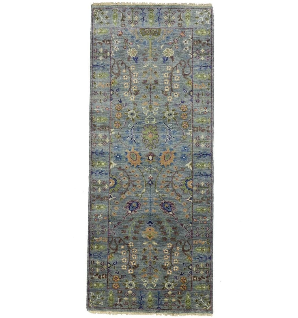 Hand-Knotted Floral Oushak Runner Rug 2'5 x 6'0 Wool Gray Modern Decor: Hand-Knotted Floral Oushak Runner Rug 2'5 x 6'0 Wool Gray Modern Decor Enhance your hallway with this exquisite Hand-Knotted Gray Floral Oushak Oriental Rug. Measuring 2'5" x 6'0", this rug showcases 