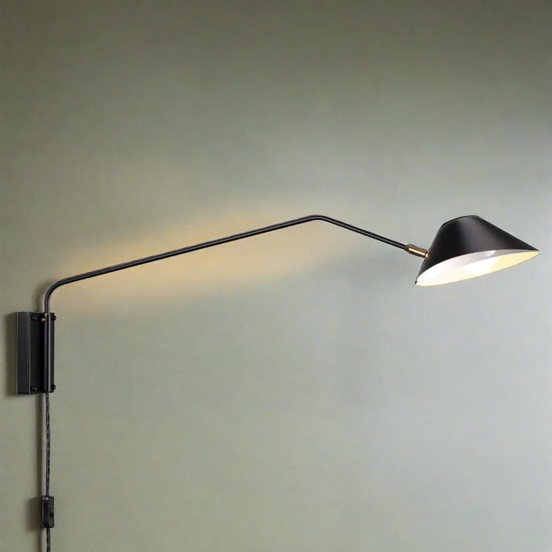 Tophat Mouille Long Rotating Wall Sconce: Tophat Mouille Long Rotating Wall Sconce Size: 13 H x 36 L x 8 D Materials: Aluminum, Steel Finish: Matte Black or White, Brass, White Shade Interior Bulb: E12 60 W Max Power: Plug-in Cord Featur