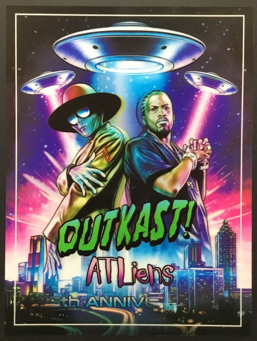 OutKast ATLiens 25th Anniversary 3D Lenticular Artwork by Cuyler Smith: OutKast ATLiens 25th Anniversary 3D Lenticular Artwork by Cuyler Smith Celebrate the iconic music of OutKast with this stunning 3D Lenticular Print, commemorating the 25th Anniversary of their album A