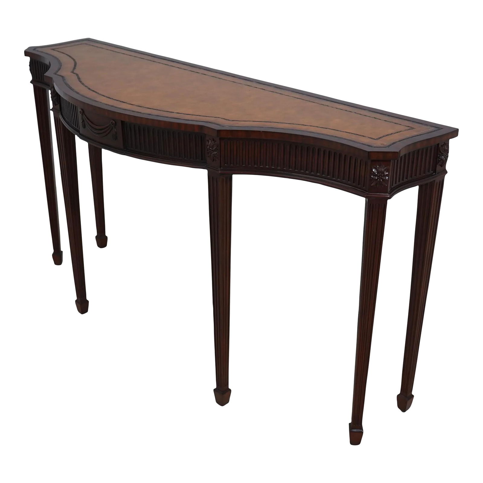 Maitland Smith Regency Console Table Leather Top Mahogany 60 x 20 x 32: Maitland Smith Regency Console Table Leather Top Mahogany 60 x 20 x 32 This exquisite Maitland Smith Regency Style Console Table features a luxurious tooled leather top supported by tall fluted legs,