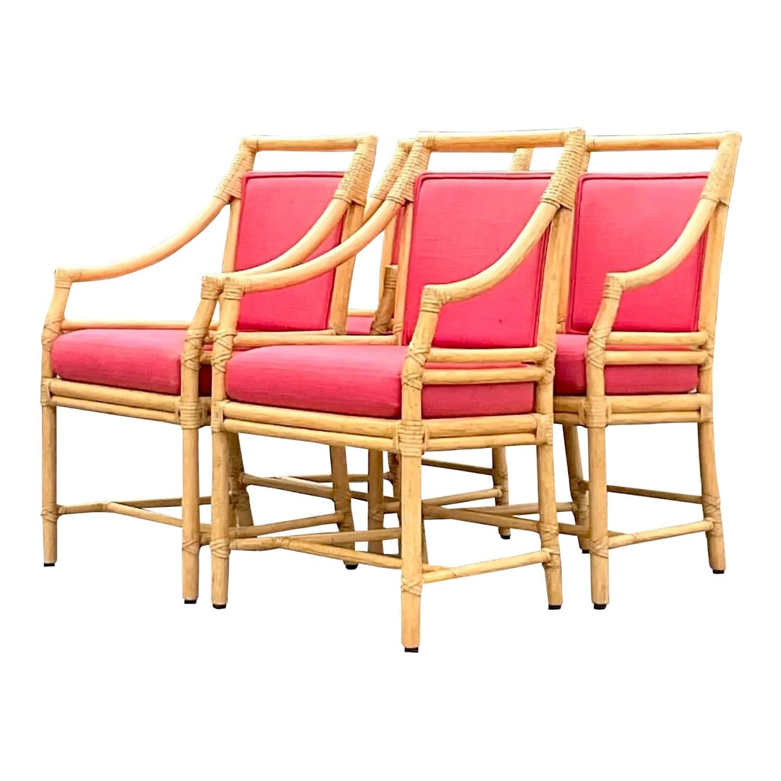Vintage Coastal Rattan Dining Chairs - Set of 4: Vintage Coastal Rattan Dining Chairs - Set of 4 A fabulous set of 4 vintage Coastal dining chairs. Made by the iconic McGuire group and tagged on the bottom. Beautiful hot pink upholstery make these c