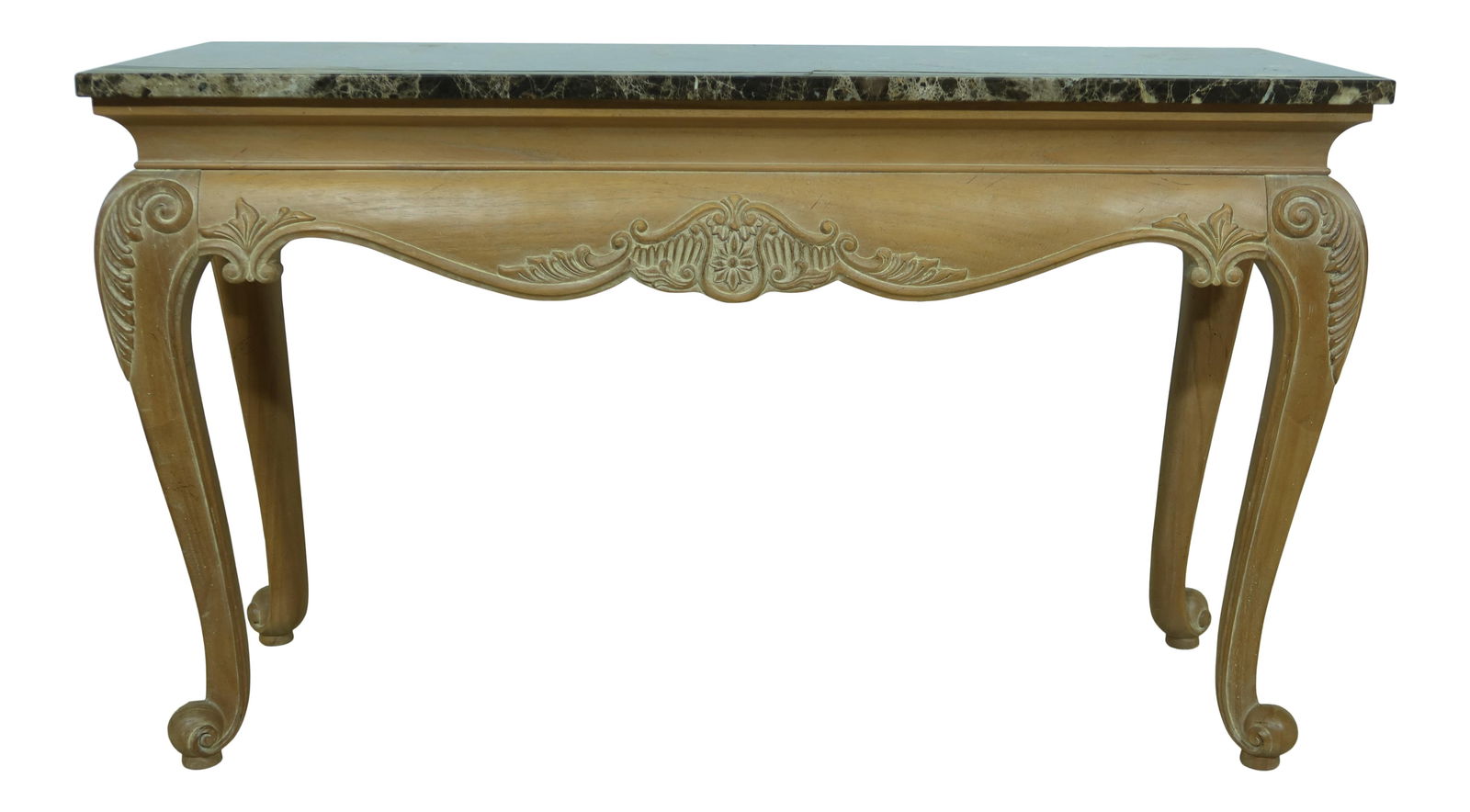 Hekman French Style Console Table with Marble Top 50.5w x 18d x 30.5h: Hekman French Style Console Table with Marble Top 50.5w x 18d x 30.5h This exquisite French style console sofa table features a beautiful marble top set on a finely carved base with scrolled feet. Wit