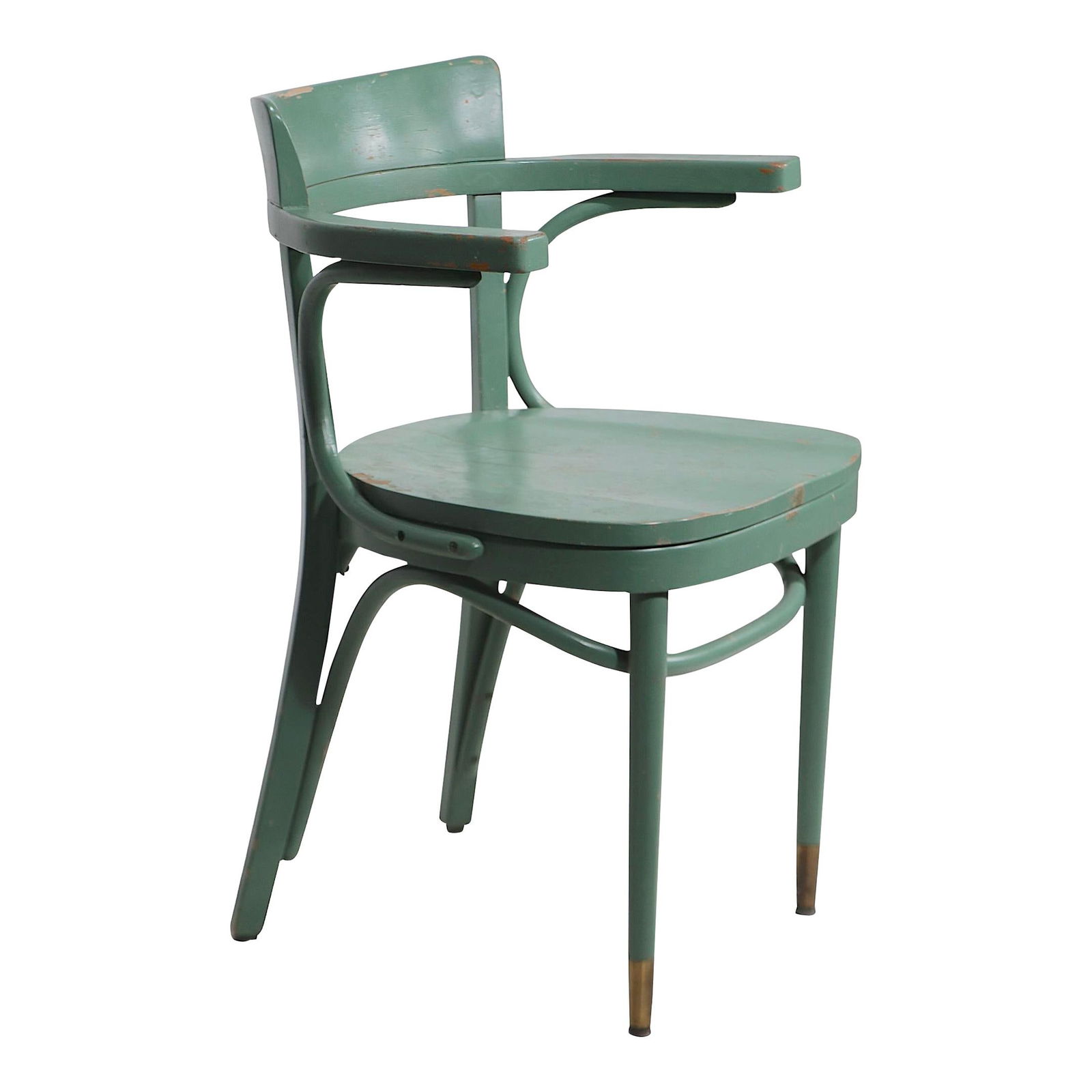 Vintage Thonet Arm Chair 1950s Green Finish J Hoffmann Design: Vintage Thonet Arm Chair 1950s Green Finish J Hoffmann Design This vintage Thonet arm chair, dating back to the 1950s or 60s, features a stylish green paint finish that adds a touch of charm to any sp