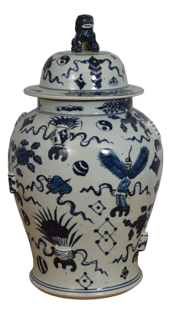Impressive Blue White Chinese Stoneware Kylin Temple Jar 24 Inch: Impressive Blue White Chinese Stoneware Kylin Temple Jar 24 Inch This stunning Large Blue & White Chinese Stoneware Kylin Temple Jar is a true centerpiece for any decor. Crafted approximately 40 years