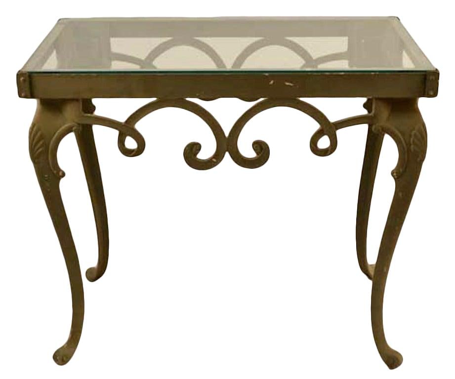 Elegant Brown Jordan Console Table with Glass Top 33.25 x 18.5 x 29: Elegant Brown Jordan Console Table with Glass Top 33.25 x 18.5 x 29 This elegant Brown Jordan Console Table features a classical style with a robust cast aluminum base and intricately carved shell cab
