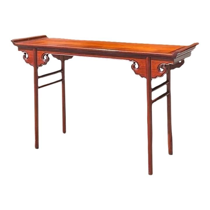 Vintage Asian Pagoda Wing Carved Console Table: Vintage Asian Pagoda Wing Carved Console Table This stunning early 20th century Asian console table showcases a chic pagoda wing design and exquisite hand-carved details. Crafted from quality wood, th