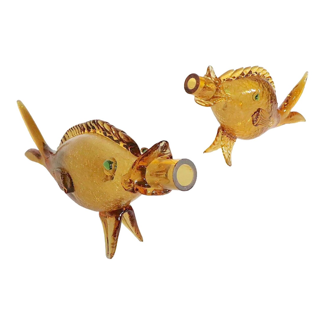 Mid-Century Blenko Orvieto Fish Wine Bottles 1960s Amber Glass Pair: Mid-Century Blenko Orvieto Fish Wine Bottles 1960s Amber Glass Pair Presenting a striking pair of Mid-Century wine bottles crafted by Blenko for Orvieto, dating back to the 1960s and 1970s. These bott