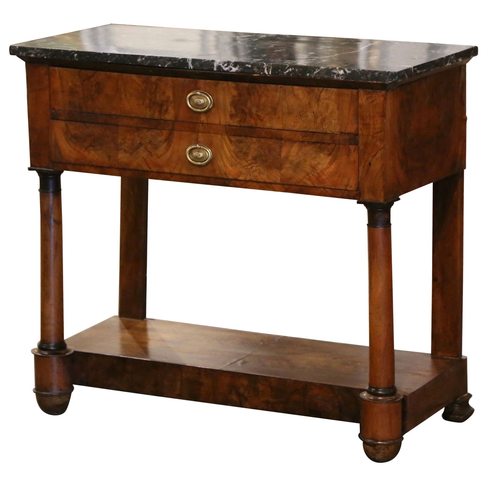 Early 19th Century French Empire Console Table Mahogany Marble 36.25" W: Early 19th Century French Empire Console Table Mahogany Marble 36.25" W This exquisite Early 19th Century French Empire console table showcases the elegance of its time with a rich mahogany constructi