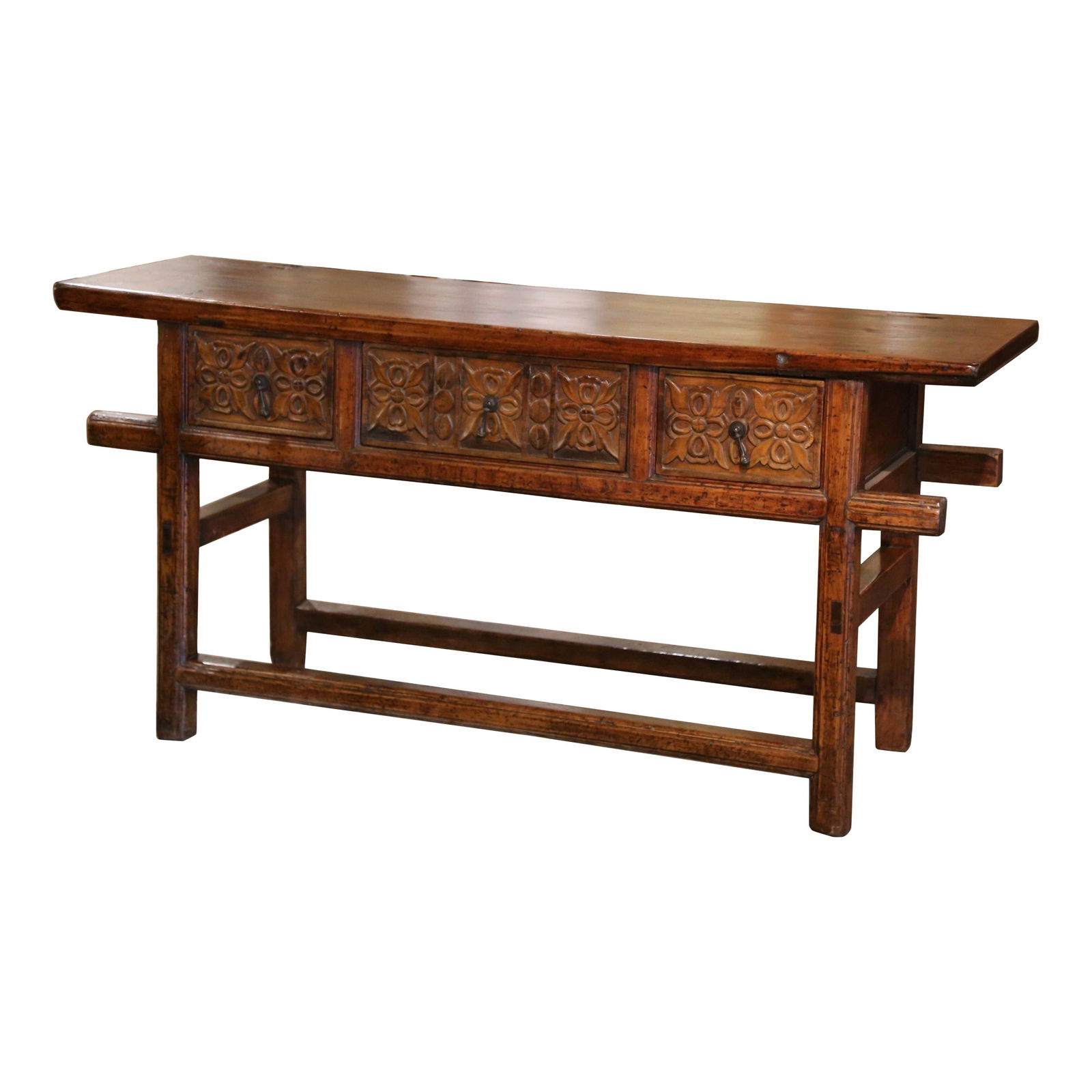 Spanish Baroque Console Table Circa 1920 Hand-Carved Oak Pine 66 x 19 x 32: Spanish Baroque Console Table Circa 1920 Hand-Carved Oak Pine 66 x 19 x 32 This exquisite early 20th century Spanish Baroque console table showcases a blend of oak and pine, beautifully hand-carved an