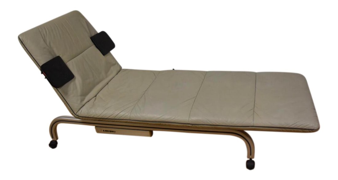 Baker Prototype Chaise Lounge Grey Leather with Speakers 79.5" Long: Baker Prototype Chaise Lounge Grey Leather with Speakers 79.5" Long Experience unparalleled comfort and style with this unique Baker Prototype Grey Leather Chaise Lounge, a one-of-a-kind piece develop