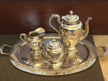 Alameda Mexican Sterling Silver Tea Set & Tray 130oz 9in Tall: Alameda Mexican Sterling Silver Tea Set & Tray 130oz 9in Tall This exquisite Large Three Piece Sterling Silver Tea Set & Tray from Alameda Mexican showcases fine craftsmanship and elegant design. The