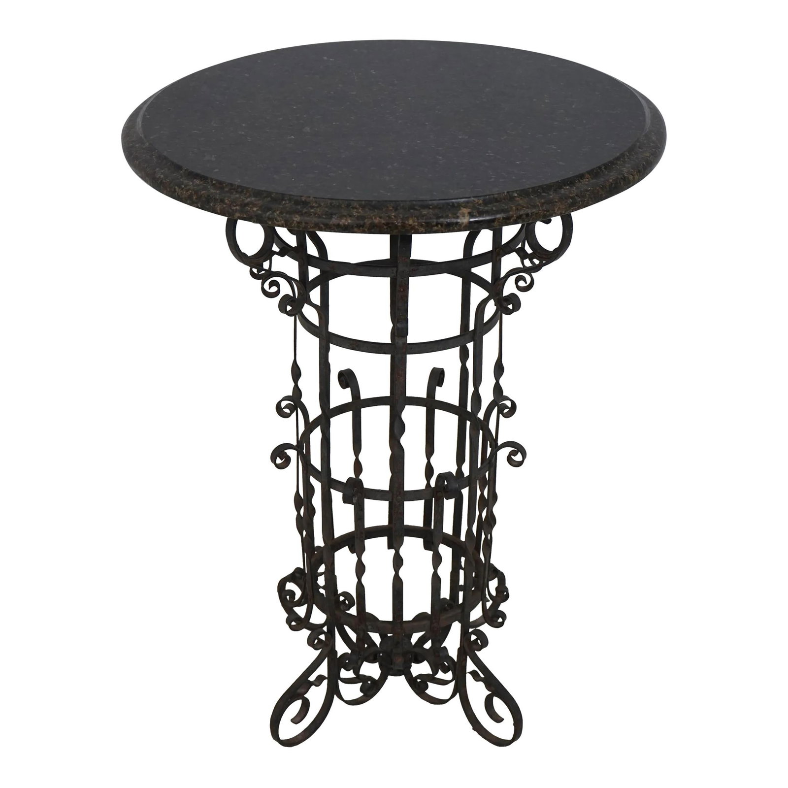 Elegant 30-Year-Old Round Marble Table with Iron Base 25 x 25 x 32: Elegant 30-Year-Old Round Marble Table with Iron Base 25 x 25 x 32 This elegant round lamp table features a beautifully beveled edge marble top set atop a scrolled iron base, combining both durability