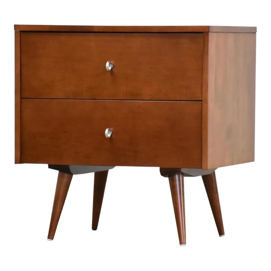 1960s Paul McCobb Maple Nightstand Planner Group 24x18x25.5: 1960s Paul McCobb Maple Nightstand Planner Group 24x18x25.5 A mid century modern solid maple two drawer nightstand with aluminum ring pulls and canted legs designed by Paul McCobb for Winchendon's Pla