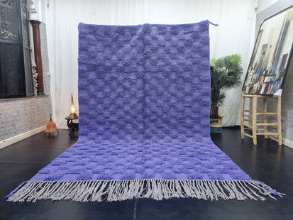 Handwoven Blue Checkered Engraved Rug 10 x 5 Feet Morocco: Handwoven Blue Checkered Engraved Rug 10 x 5 Feet Morocco This Elegant Blue Checkered Engraved Rug is a stunning addition to any space. Handwoven by local Berber women in the Atlas Mountains, this