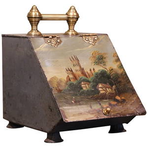 Antique 19th Century English Hand-Painted Coal Bucket with Brass Accents 14.5" H