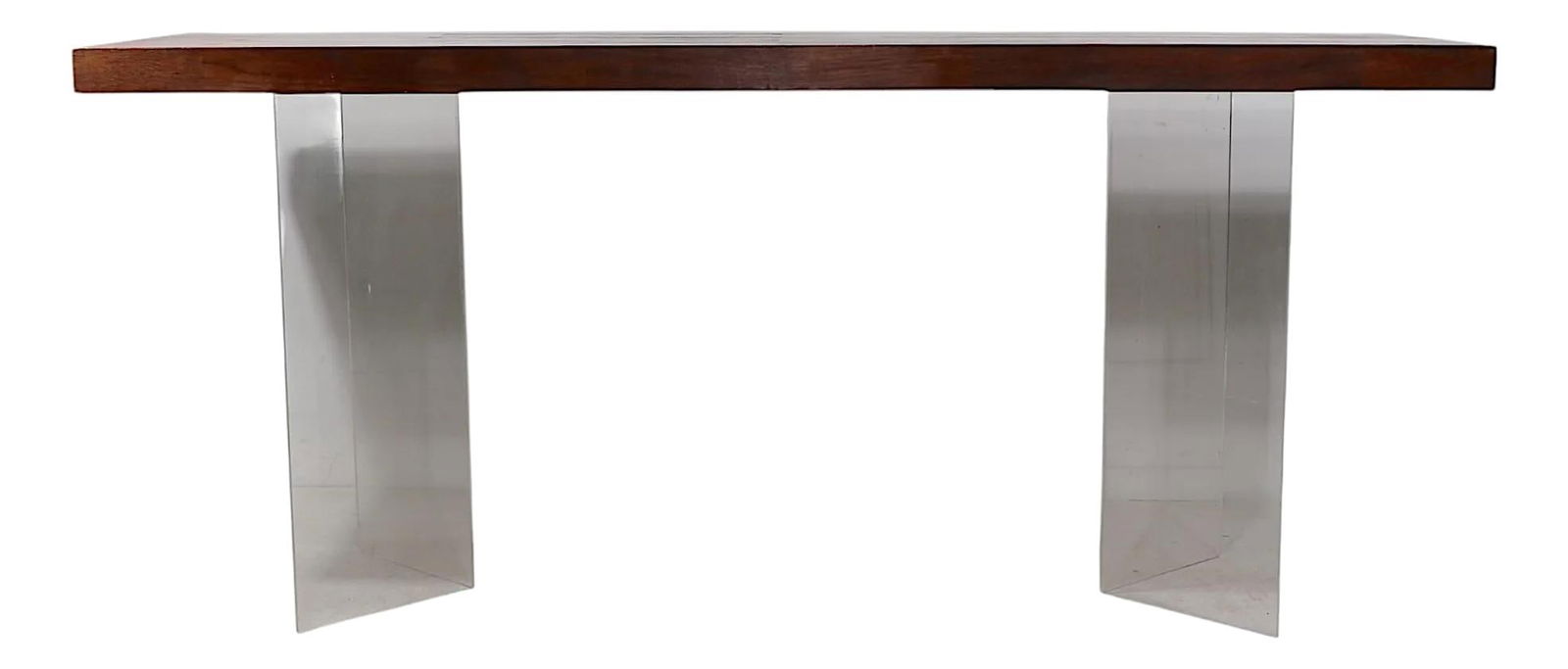 Vladimir Kagan Inspired Mid Century Lucite Wood Console Table 60 x 18 x 26.25: Vladimir Kagan Inspired Mid Century Lucite Wood Console Table 60 x 18 x 26.25 This chic architectural console table showcases a striking Mid Century design with a rectangular wood top supported by V-s