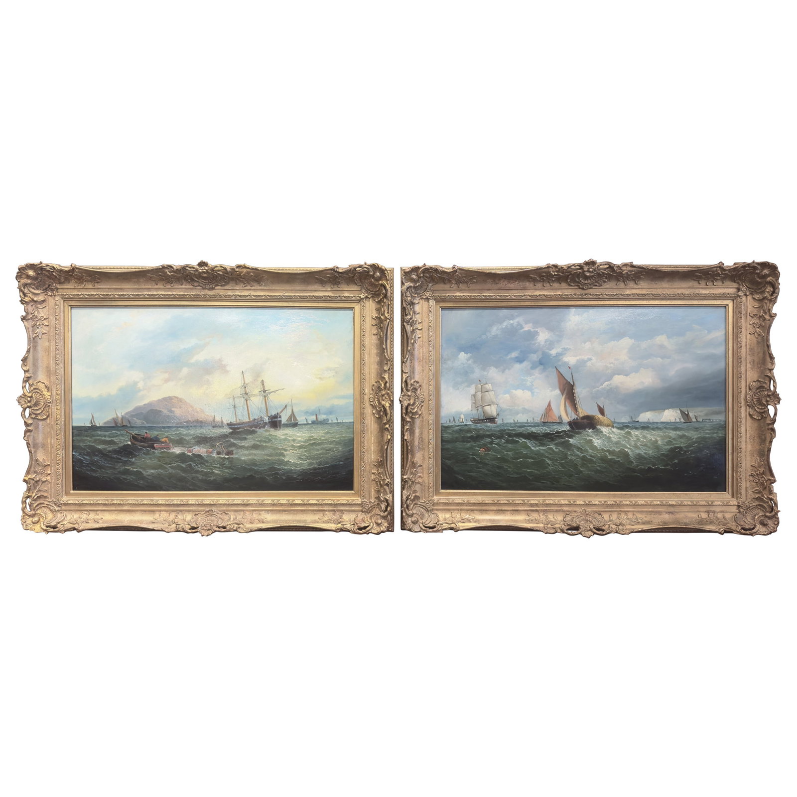 19th Century English Framed Oil Paintings Set of 2 Marine Seascapes: 19th Century English Framed Oil Paintings Set of 2 Marine Seascapes This exquisite pair of 19th Century English framed oil on canvas marine seascapes is a stunning addition to any office or den. Creat