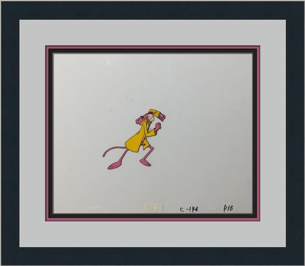 Pink Panther Original Hand Painted Animation Cel 16 x 18 Framed 1970: Pink Panther Original Hand Painted Animation Cel 16 x 18 Framed 1970 This original hand-painted animation production cel features the iconic Pink Panther character from the renowned Freleng Studios. C