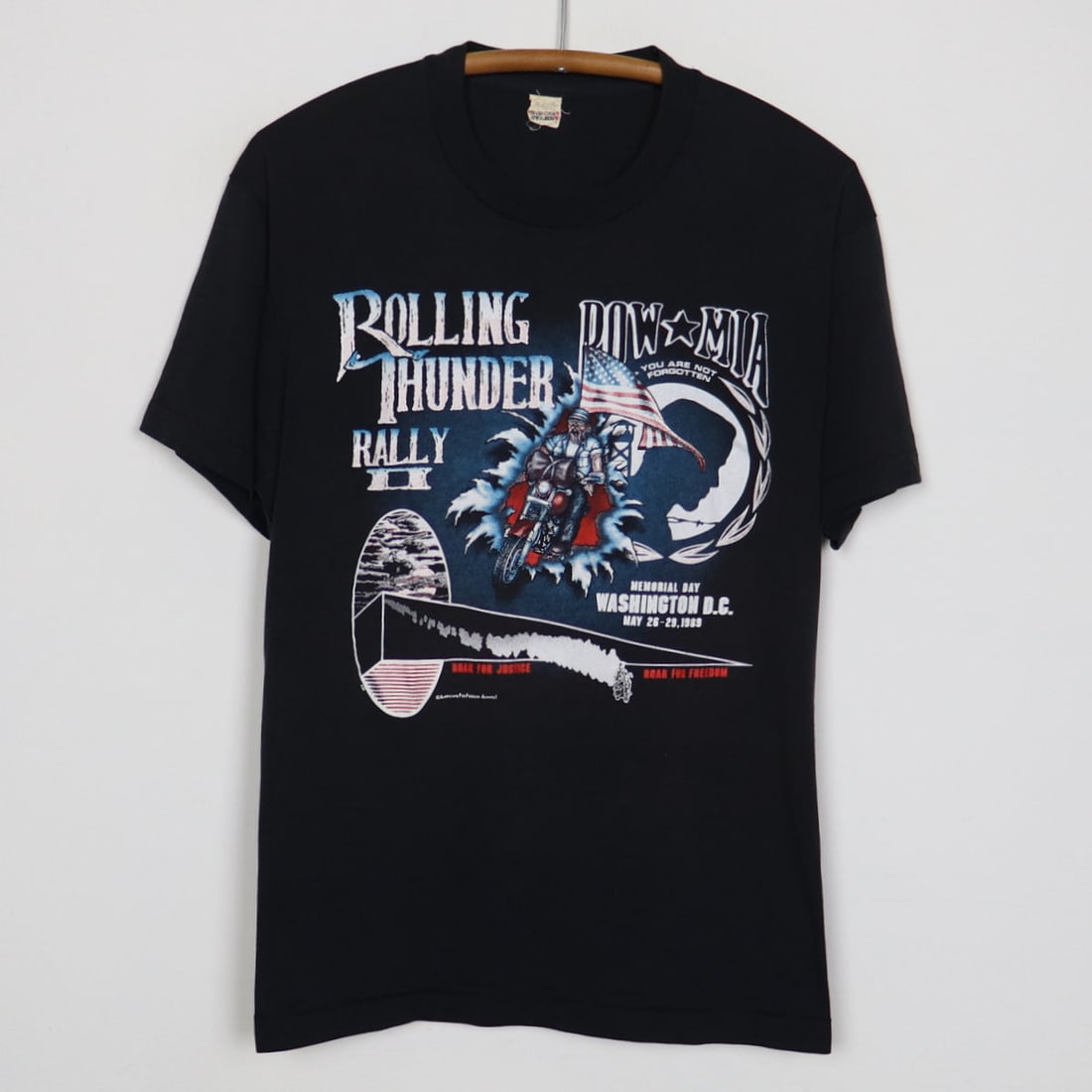 Vintage 1989 Rolling Thunder Rally POW MIA Shirt Black Graphics: Vintage 1989 Rolling Thunder Rally POW MIA Shirt Black Graphics This original vintage 1989 Rolling Thunder Rally shirt commemorates the Prisoners Of War and Missing In Action. The shirt features graph
