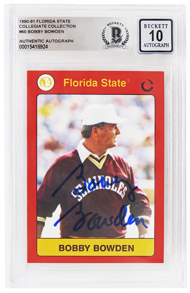 Bobby Bowden Signed Florida State Seminoles Card #60 Beckett Mint 10: Bobby Bowden Signed Florida State Seminoles Card #60 Beckett Mint 10 This is a Bobby Bowden signed Florida State Seminoles 1990-91 collegiate trading card #60. The card has been authenticated and enca
