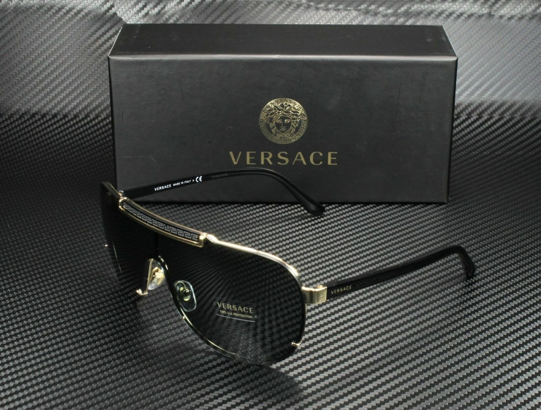 Versace VE2140 Aviator Black Acetate Sunglasses with Gray Lenses: Versace VE2140 Aviator Black Acetate Sunglasses with Gray Lenses Elevate your style with these VERSACE VE2140 sunglasses, designed for the modern man. These aviator sunglasses feature a sleek black ac