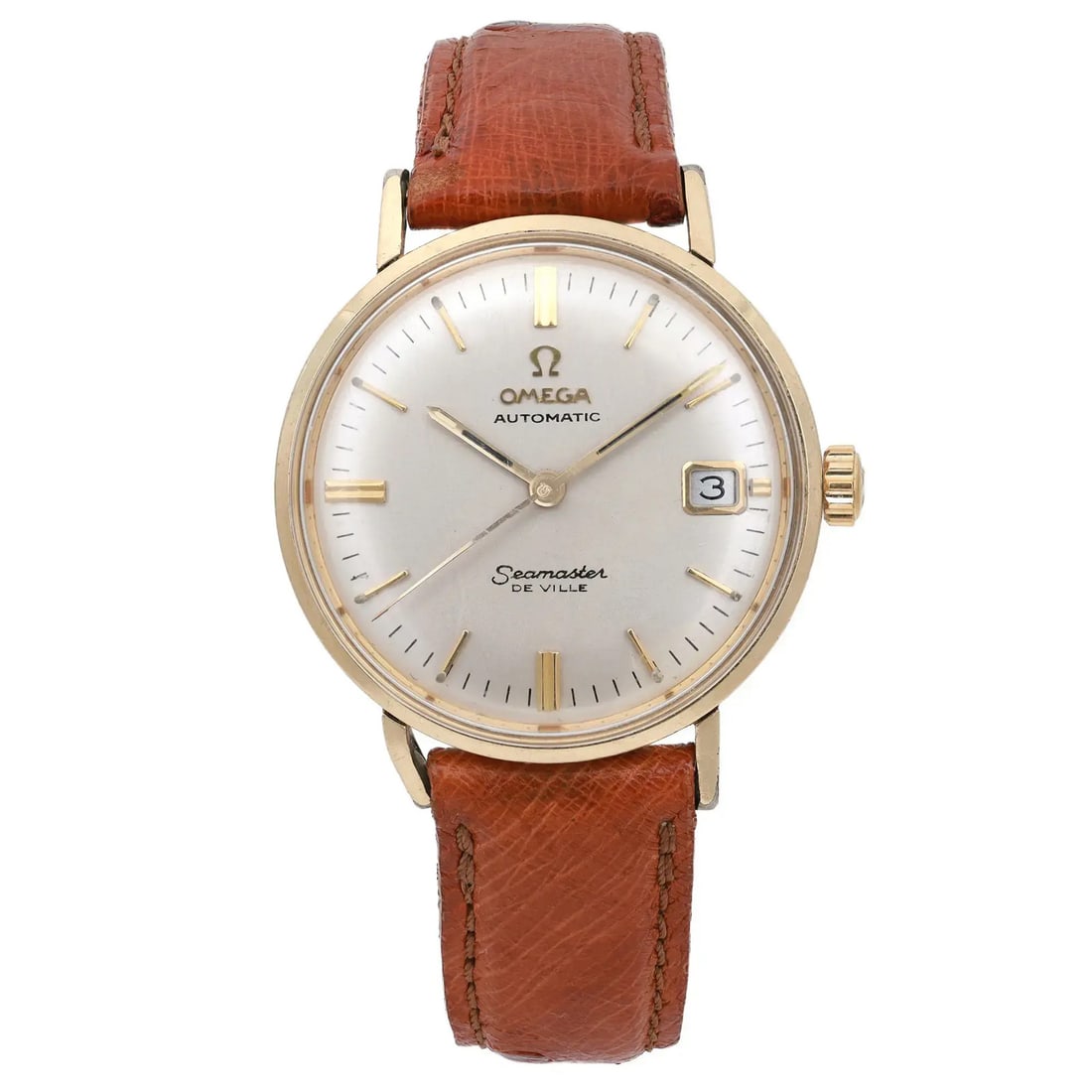 Vintage Omega Seamaster Deville 34mm Gold Filled Automatic Watch: Vintage Omega Seamaster Deville 34mm Gold Filled Automatic Watch This Vintage Omega Seamaster Deville wristwatch showcases timeless luxury with its elegant 34mm round case crafted from gold-filled mat