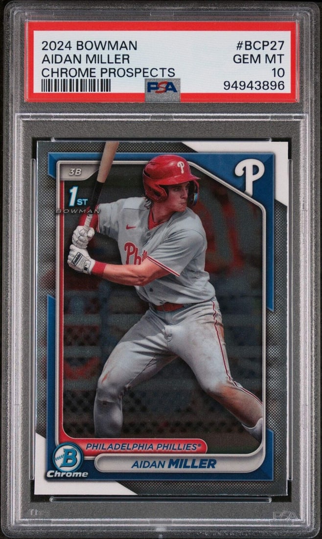 2024 Bowman Aidan Miller #BCP27 Chrome Rookie Card PSA 10 Philadelphia Phillies: 2024 Bowman Aidan Miller #BCP27 Chrome Rookie Card PSA 10 Philadelphia Phillies This is a graded 2024 Bowman Aidan Miller #BCP27 Chrome Prospects rookie baseball card, featuring the talented athlete A