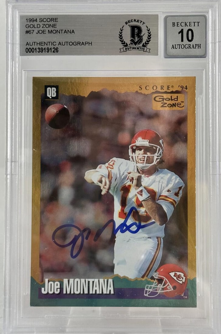1994 Score Gold Zone Joe Montana Autographed Card #67 Chiefs BAS 10: 1994 Score Gold Zone Joe Montana Autographed Card #67 Chiefs BAS 10 This is a 1994 Score Gold Zone sports trading card featuring the legendary Joe Montana. Autographed by Montana himself, this card is