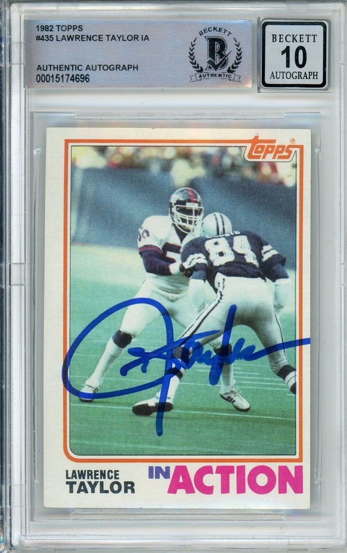 1982 Topps Lawrence Taylor RC In Action #435 Autographed BAS: 1982 Topps Lawrence Taylor RC In Action #435 Autographed BAS Celebrate the legacy of NFL superstar Lawrence Taylor with this 1982 Topps In Action #435 rookie card. This highly sought-after sports trad