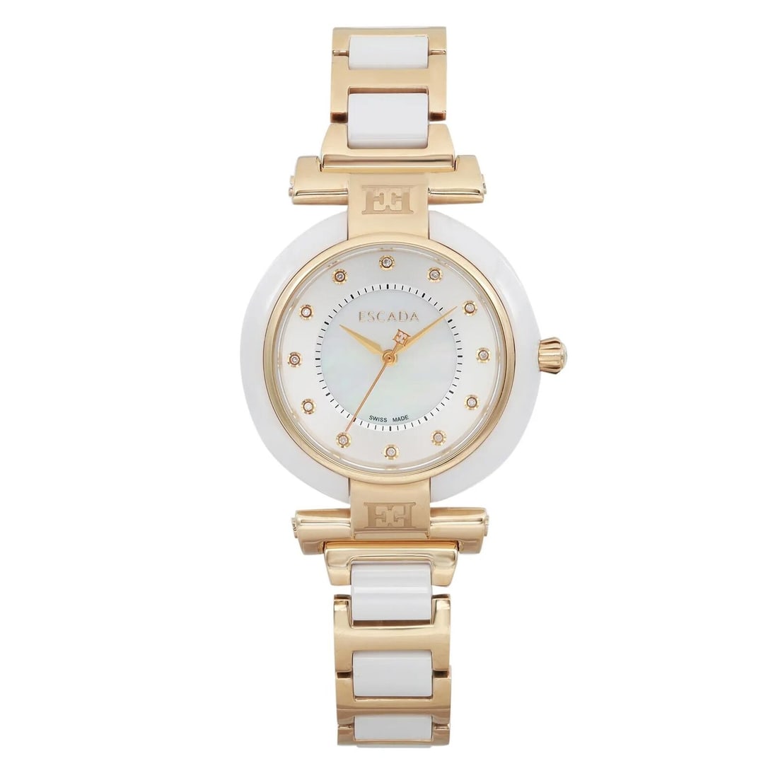Escada Lauren Quartz Ladies Watch Gold Tone Ceramic MOP Dial E2135014: Escada Lauren Quartz Ladies Watch Gold Tone Ceramic MOP Dial E2135014 This elegant Escada Lauren wristwatch combines casual style with luxurious details. Featuring a stunning white mother of pearl dia
