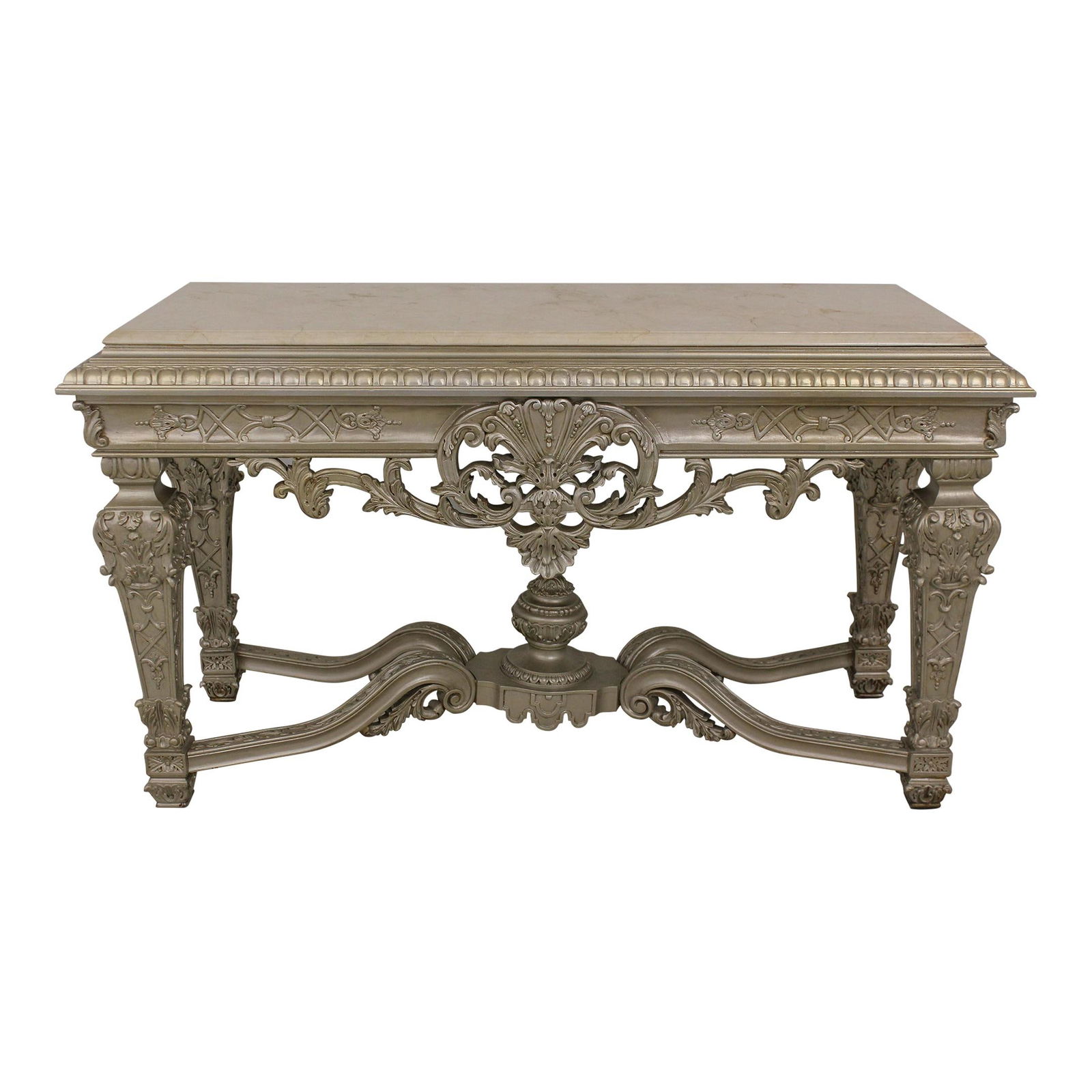 Continental Design Marble Top Console Silver Ornate Carved Base 59 x 23.5 x 33.5: Continental Design Marble Top Console Silver Ornate Carved Base 59 x 23.5 x 33.5 This impressive Continental Design console features a beautifully decorated marble top and an ornate carved base, showc