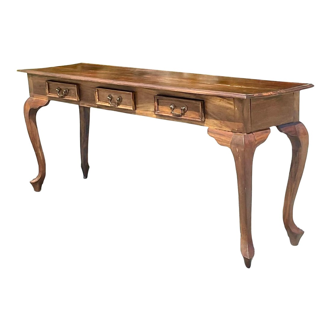 Vintage Boho Teak Console Table with Brass Hardware: Vintage Boho Teak Console Table with Brass Hardware This stunning late 20th century vintage Boho console table features a chic teak frame that showcases beautiful wood grain detail. The console is sup